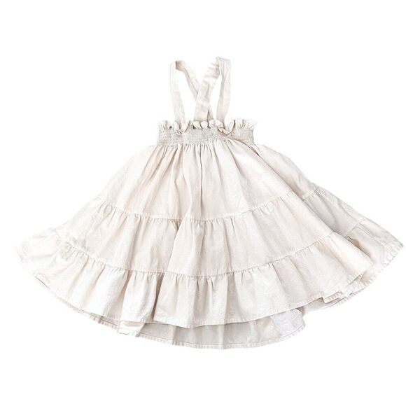 Noble Girls Organic GOTS Oat Milk Beige Smocked Fia Twirly Ruffle Dress Size 4 - Picture 2 of 6